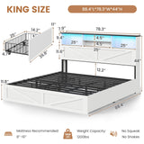 VIAGDO Farmhouse Bed Frame King Size with Bookcase Storage Headboard, Charging Station and LED Lights, Wooden King Bed Frame with 4 Drawers, Barn Door Design, No Box Spring Needed, No Noise, White VIAGDO