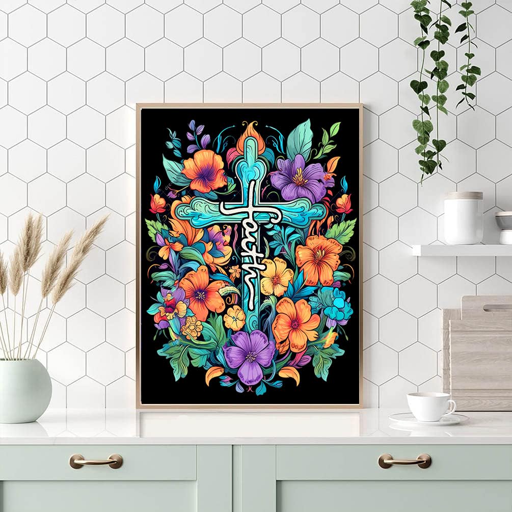 Cross Flowers Diamond Painting Kits for Adults Beginners - Christ Crosses Diamond Art Kits for Adults, Full Drill DIY 5D Diamond Painting Flowers Gem Art Crafts Kits for Home Wall Decor 12x16 inch Meothan