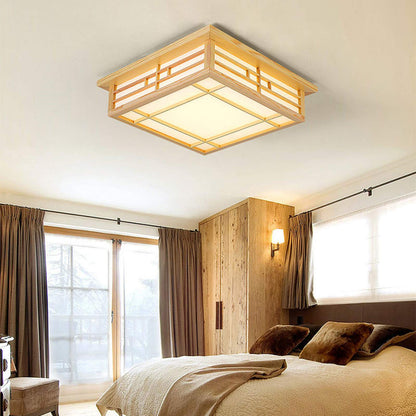 Japanese Style Square Wood Ceiling Light Fixture with LED Lamps, 110V Remote Control Dimmer Light Perfect for Bedroom, Living Room, Dining Room, and Kitchen (35x35cm) - WoodArtSupply