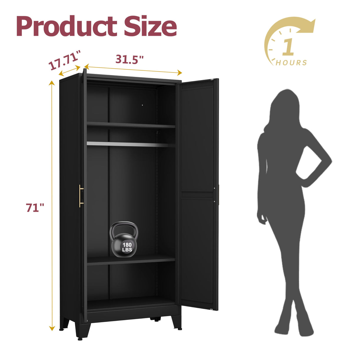 GAIOUS Metal Wardrobe Cabinet with Hanging Rod, 71" Metal Clothing Storage Cabinets with 2 Doors and Adjustable Shelves, Black Armoire Wardrobe Closet for Bedroom, Laundry Room, Cloak Room GAIOUS
