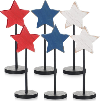 6 Pcs 4th of July Wooden Star Decoration Independence Day Standing Wooden Star Tiered Tray Decor Farmhouse Rustic Patriotic Blocks Memorial Day Tabletop Decor for American Festival Home Decorations