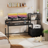 GreenForest Office Desk with Power Outlets and Printer Shelf, 59 inch Computer Desk with LED and Drawer, Reversible Gaming Desk with Storage for Home Study Working,Black GreenForest