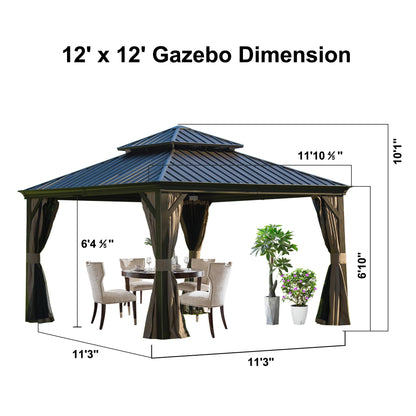 Domi 12x12FT Hardtop Gazebo with Netting & Curtains, Outdoor Aluminum Frame Gazebo with Galvanized Steel Double Roof, Outdoor Permanent Metal Pavilion for Patio Deck Lawn and Garden, Brown - WoodArtSupply