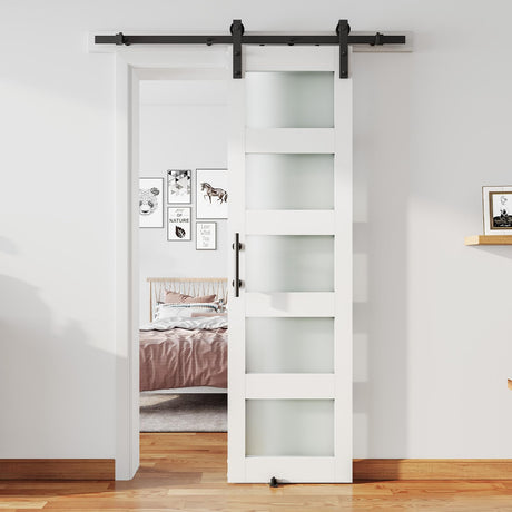 ALAMEDADT 26'' x 84'' Glass Barn Door and 5 Ft Hardware Kit Included, MDF White Barn Door Slab with Frosted Glass, PVC Surface, Combined with Handle and Floor Guide-Assembly Required, White ALAMEDADT
