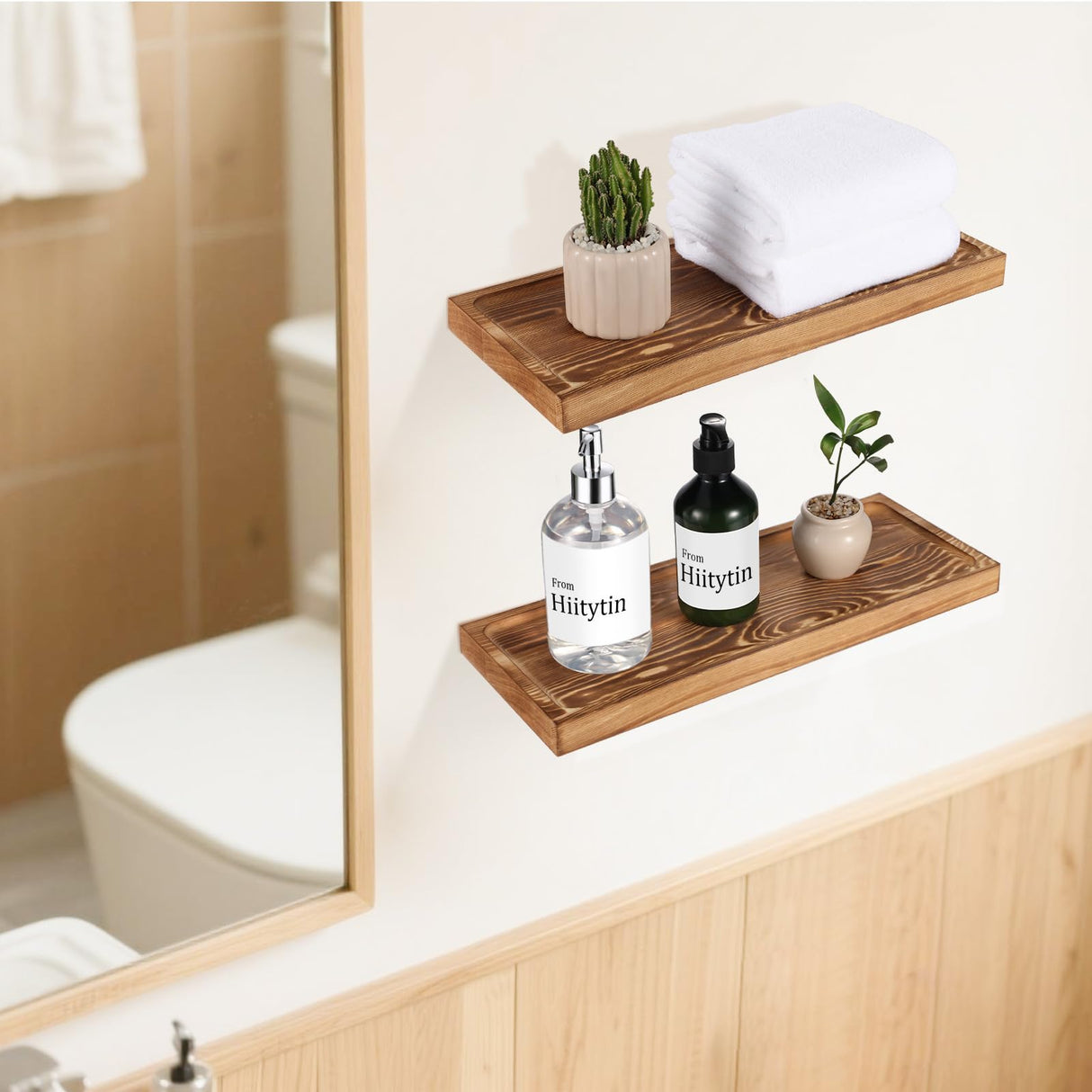 Hiitytin Solid Wood Floating Shelves Bathroom 16 inch Rustic Wall Wood Display Shelves with Grooves Set of 2 Home Decor for Living Room Bedroom Kitchen Farmhouse 16x6.7 inch - Brown Hiitytin
