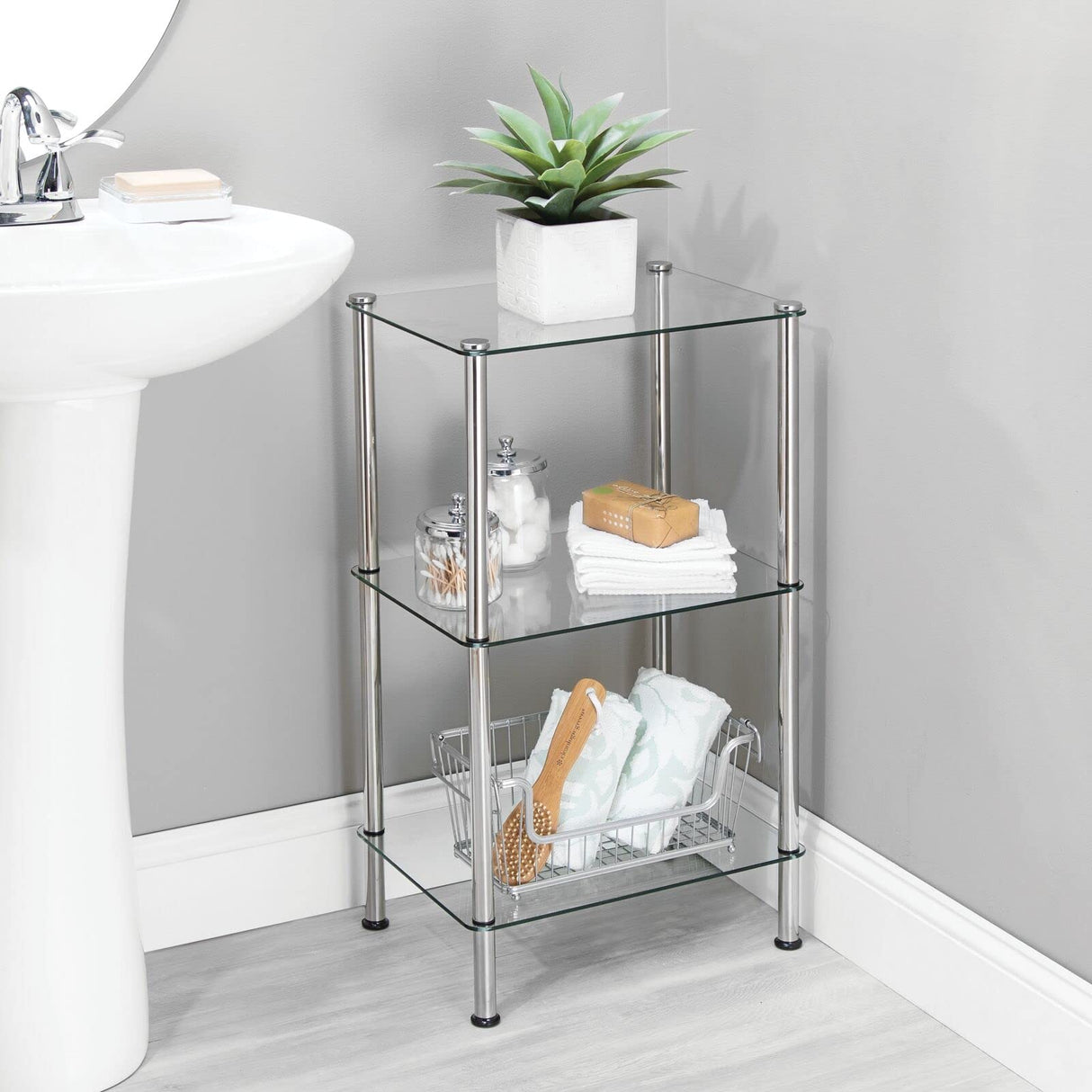 mDesign Metal/Glass 3-Tier Storage Tower, Narrow Shelving Display Unit, Open Glass Shelves; Multi-Use Stand for Living Room, Bathroom, Home Office, Hallway, Bedroom Organization - Chrome/Clear mDesign