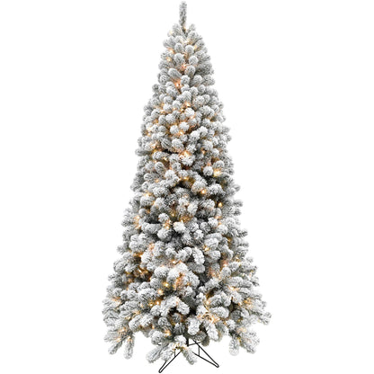 Fraser Hill Farm 12-Ft. Alaskan Pine Flocked Artificial Christmas Tree with Warm White LED Lights and Stand, Prelit Foldable Fake Tree with Realistic Snowy Foliage for Home Decoration