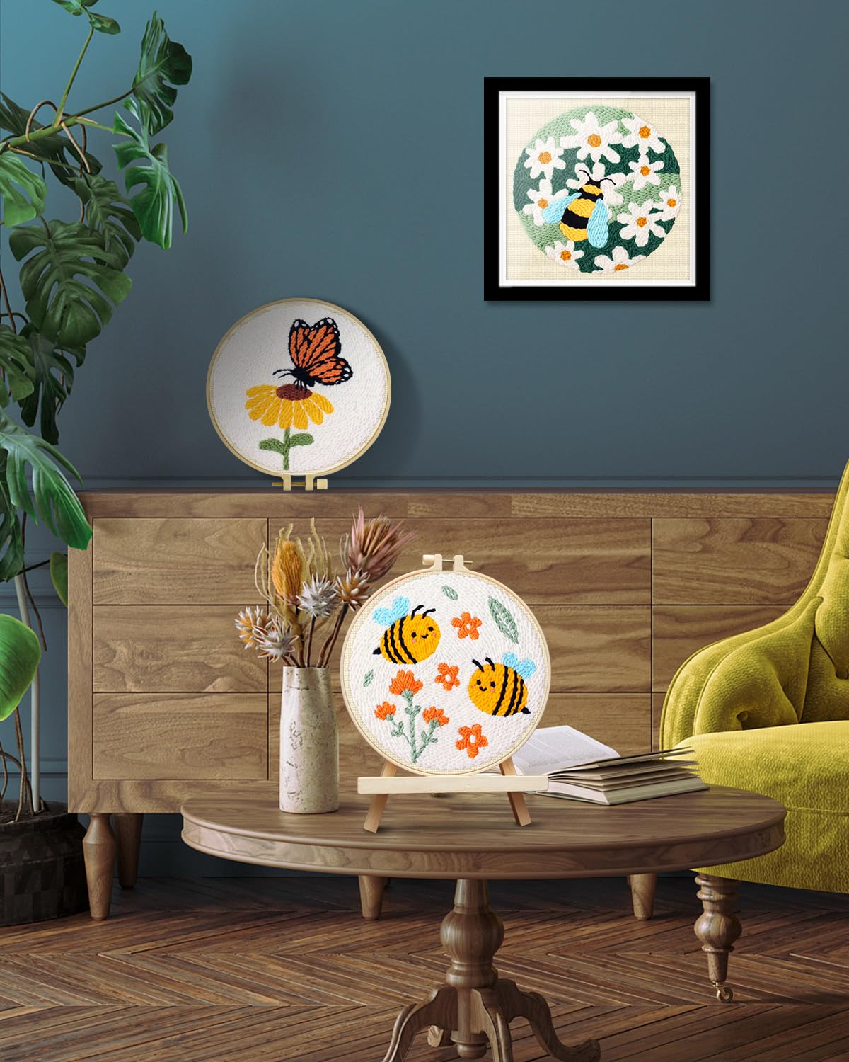 TINDTOP 3 Sets Punch Needle Kits, Flowers Punch Embroidery Kits for Adults Beginner, Tool with Punch Needle Fabric, Hoops, Yarns and Sewing Needles TINDTOP