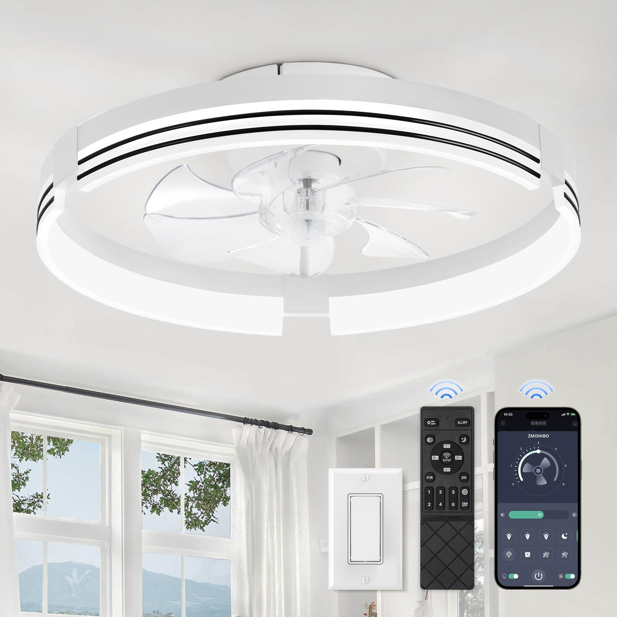 ZMISHIBO Low Profile Ceiling Fans with Lights and Remote, 20 Inch Flush Mount Ceiling Fan with Light, 3000K-6000K Dimmable Fandelier LED Fan Light, 6 Wind Speeds White Ceiling Fans for Bedroom ZMISHIBO