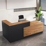 L-Shaped Reception Desk Wooden Commercial Receptionist Table Black and Wood Front Desk Reception Room Table for Office Retail Salon Checkout Right Corner 160cm/63inch Generic