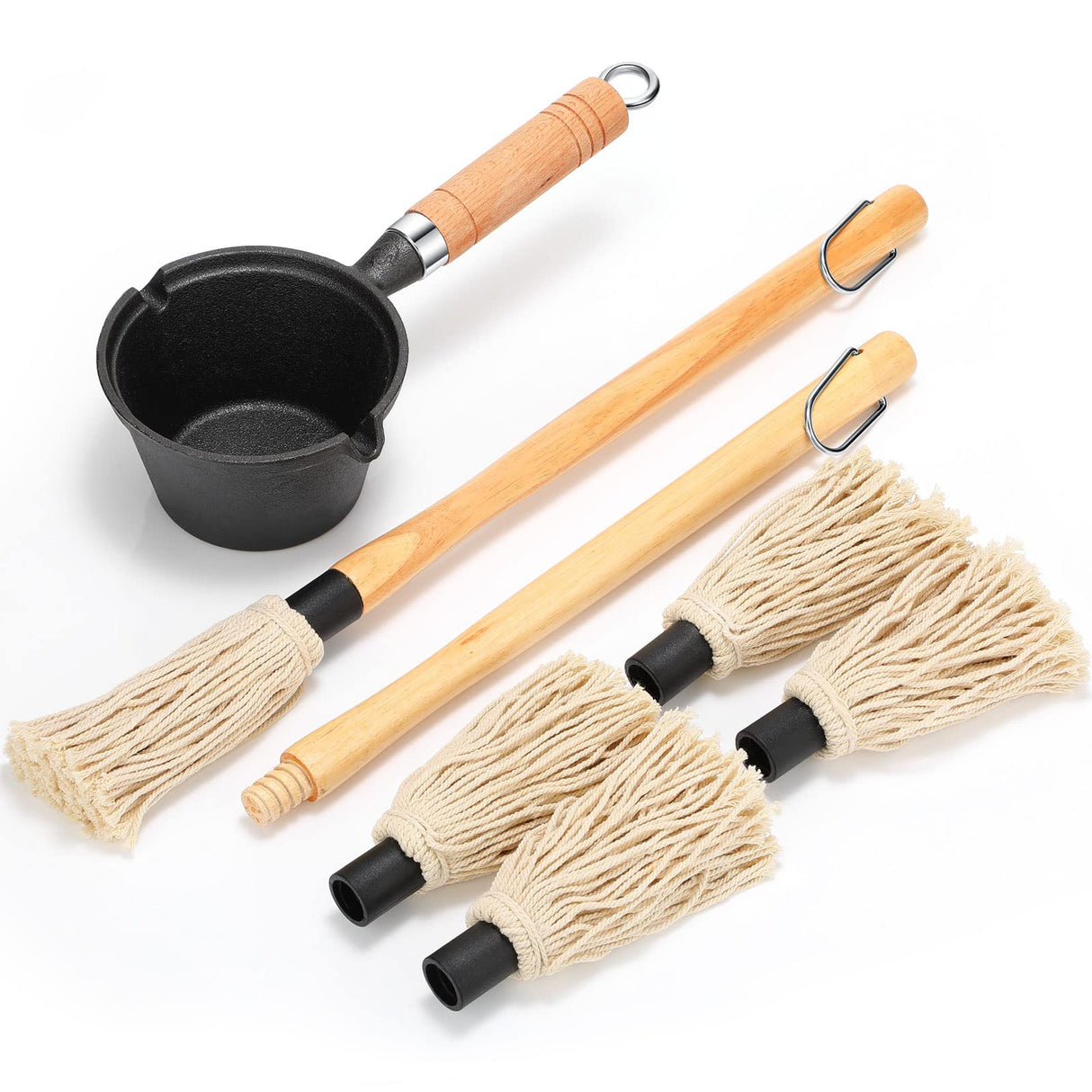 6 Pieces Iron Basting Pot and Brush for Grilling Barbecue Accessories 18 Inches Grill Basting Brush Wooden Long Handle BBQ Mop Brush for Sauce with Extra Replacement Heads and Saucepan for Grilling Nuogo