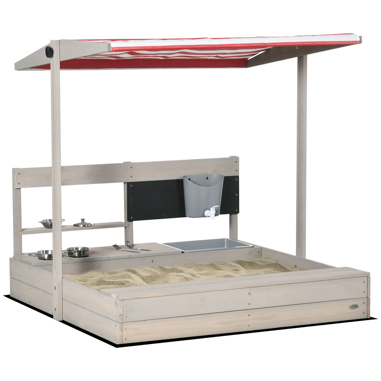 Outsunny Kids Sandbox with Canopy Adjustable, Wooden Sandbox Backyard Toy with Kitchen Playset Accessories, Outdoor Activity Gift for Girls and Boys, Ages 3-7 Outsunny