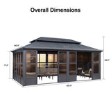 PURPLE LEAF 12' X 20' Sunroom with Light Permanent Hardtop Gazebo Solarium Galvanized Steel Double Roof Aluminum Outdoor Screen House for Patio Deck Backyard Grey PURPLE LEAF