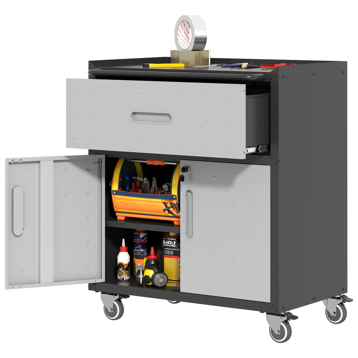 BIZOEIRON Metal Storage Cabinet with Wheels, Rolling Tool Cabinet with Adjustable Shelve, Locking Garage Storage Cabinet with 1 Drawer and 2 Doors for Tools, Assembly Required (Black/Grey) BIZOEIRON