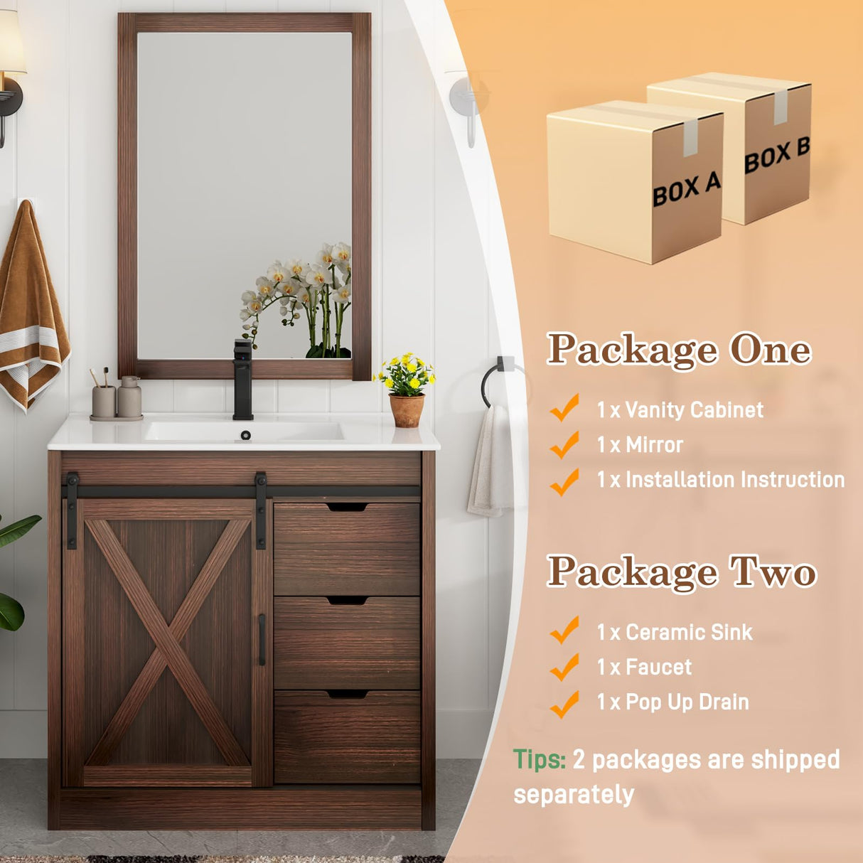 chartustriable 36 Inch Bathroom Vanity with Sink & Faucet & Mirror, Farmhouse Bathroom Vanity Cabinet Set with Sliding Barn Door & Drawers, Small Single Bath Storage Vanity Sink, Brown chartustriable