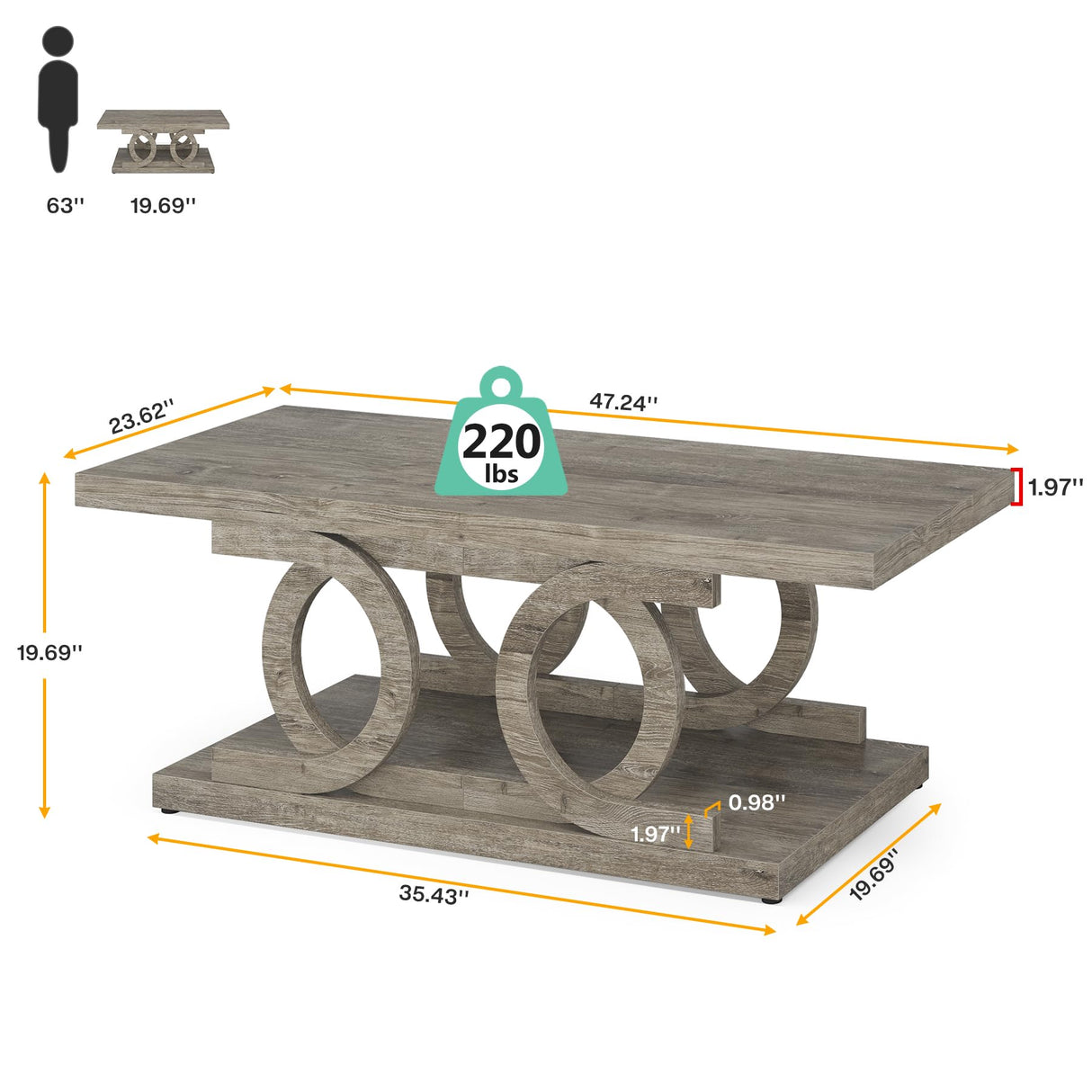 Tribesigns Farmhouse Coffee Table, 47 Inches Rustic Wood Coffee Table with Storage Shelf for Living Room, 2 Tier Large Rectangle Cocktail Table Center Tea Table Accent Table, Gray Tribesigns