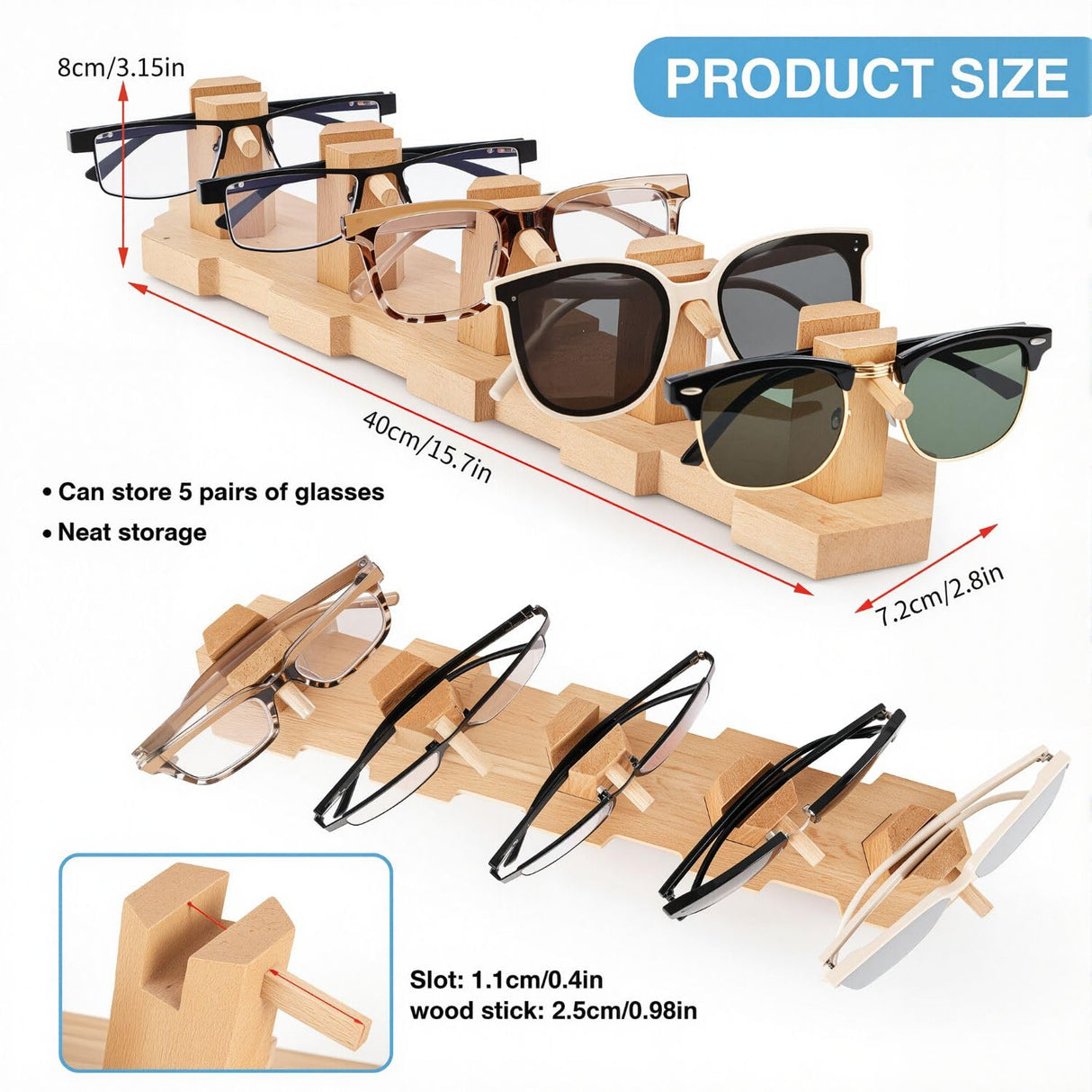 VOREN Beechwood Sunglasses Organizer Stand – Premium Eyeglass Storage Rack for 5 Pairs | Stable, No-Assembly Glasses Holder & Sunglass Display for Desk, Counter VOREN