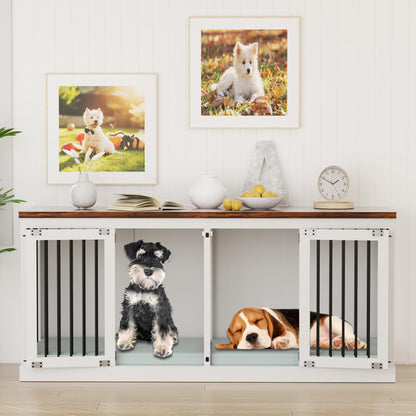 70.9 inch Double Dog Crate Furniture, Furniture Style Dog Crate Table, Wood Crates for Dogs Kennel Indoor with Removable Divider, XXL Heavy Duty Decorative Dog Crate Table for 2 Dogs (White)