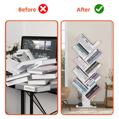 SHEEPAM 10 Tier Tree Book Shelf, Floor Standing Wood Bookshelf for Narrow Space, Storage Organizer Bookshelves for Books/CDs/Magazine, Bookcase with Shelves for Home Office, Living Room - White