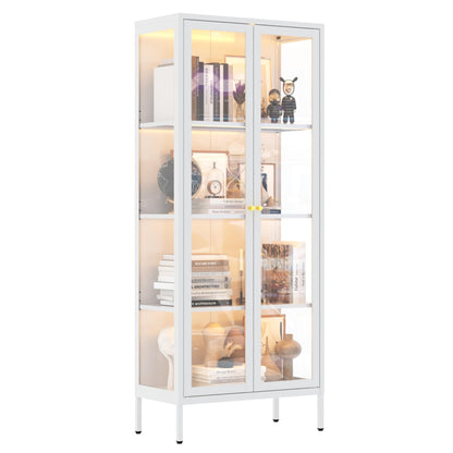 UNICOLY Display Cabinet with Glass Doors, Glass Display Cabinet with Lights, Curio Display Cabinet with 3 Shelves, Metal Storage Cabinet with 3 Color LED Lights for Living Room. White