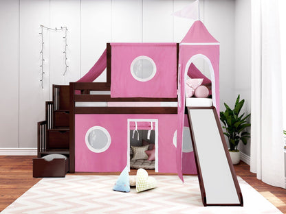 JACKPOT! Princess Stairway Low Loft Bed with 3 Drawers, Slide, Pink and White Tent and Tower, Twin, Cherry