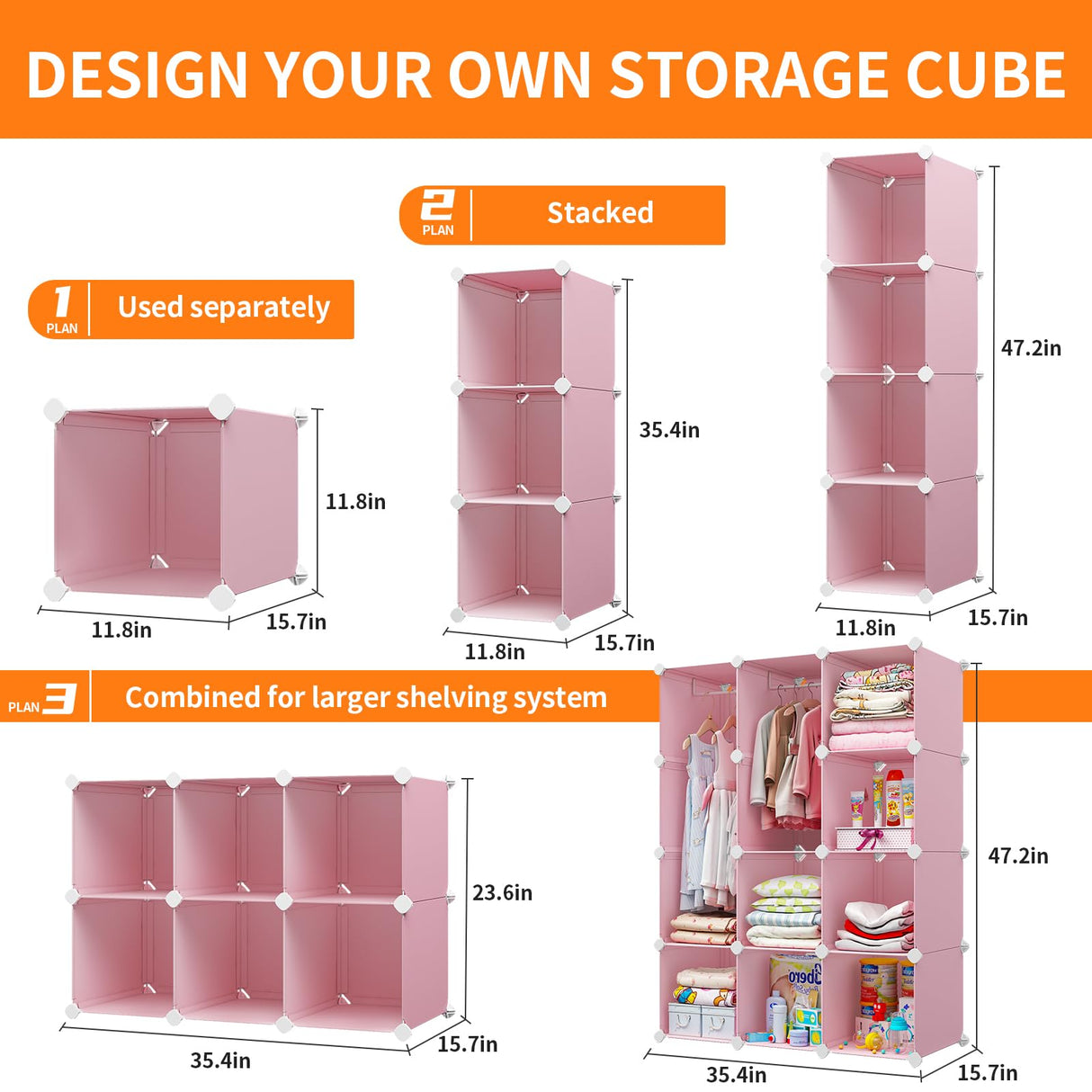 VIPZONE Baby Dresser, Kids Closet Organizers, Portable Kids Wardrobe for Closet, Bedroom, Nursery, Cubby, Cabinet, Clothes, Dress, Baby Storage Shelf, Armoire Clothes Hanging (12 Cube, Pink) VIPZONE