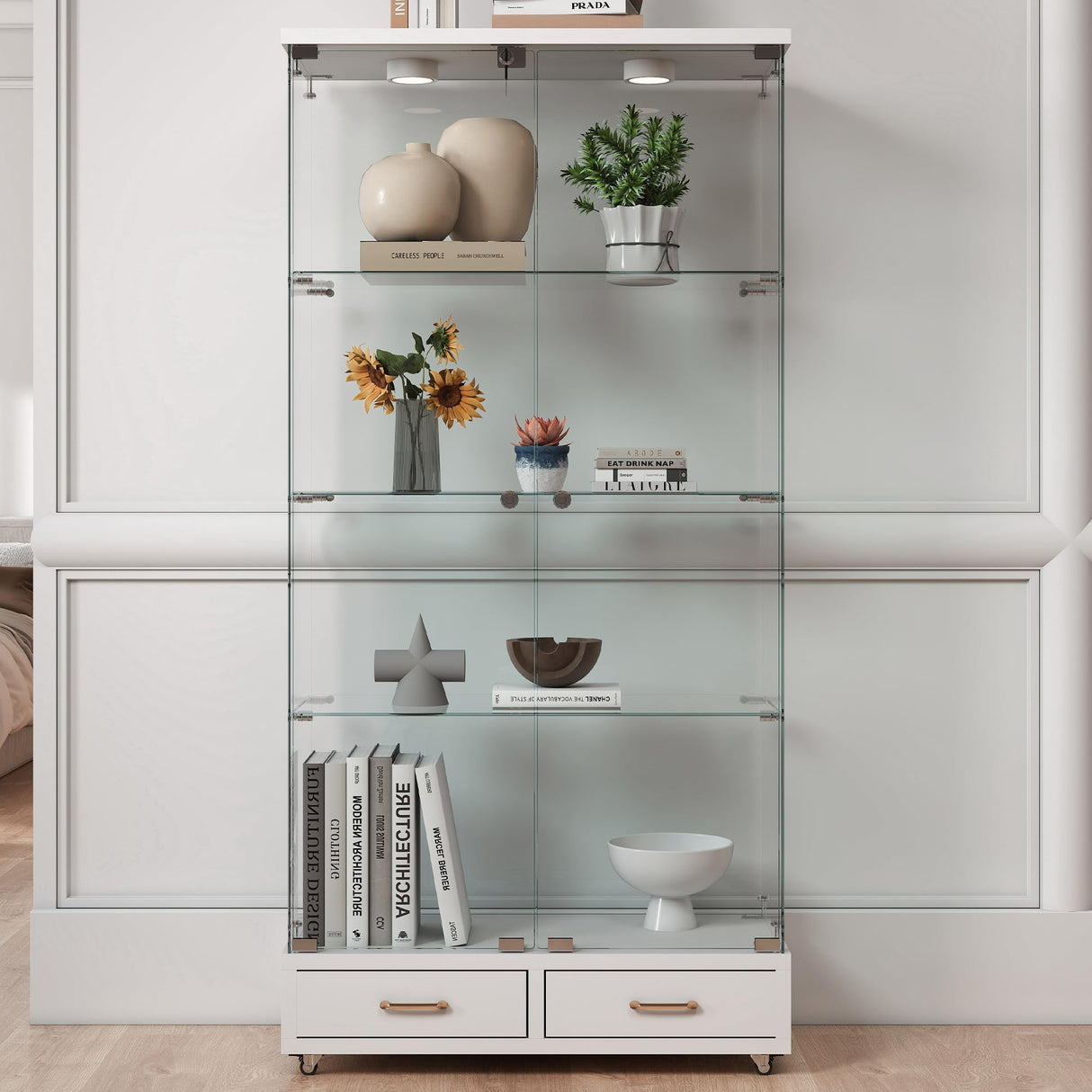 Nimaolt LED Glass Display Cabinet with 2 Door & 2 Drawer, 4-Shelf Curio Cabinet Tempered Glass Floor Standing Bookshelf with Wheels, White Storage Cabinet with Glass Doors for Collections Living Room Nimaolt