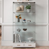 Nimaolt LED Glass Display Cabinet with 2 Door & 2 Drawer, 4-Shelf Curio Cabinet Tempered Glass Floor Standing Bookshelf with Wheels, White Storage Cabinet with Glass Doors for Collections Living Room Nimaolt