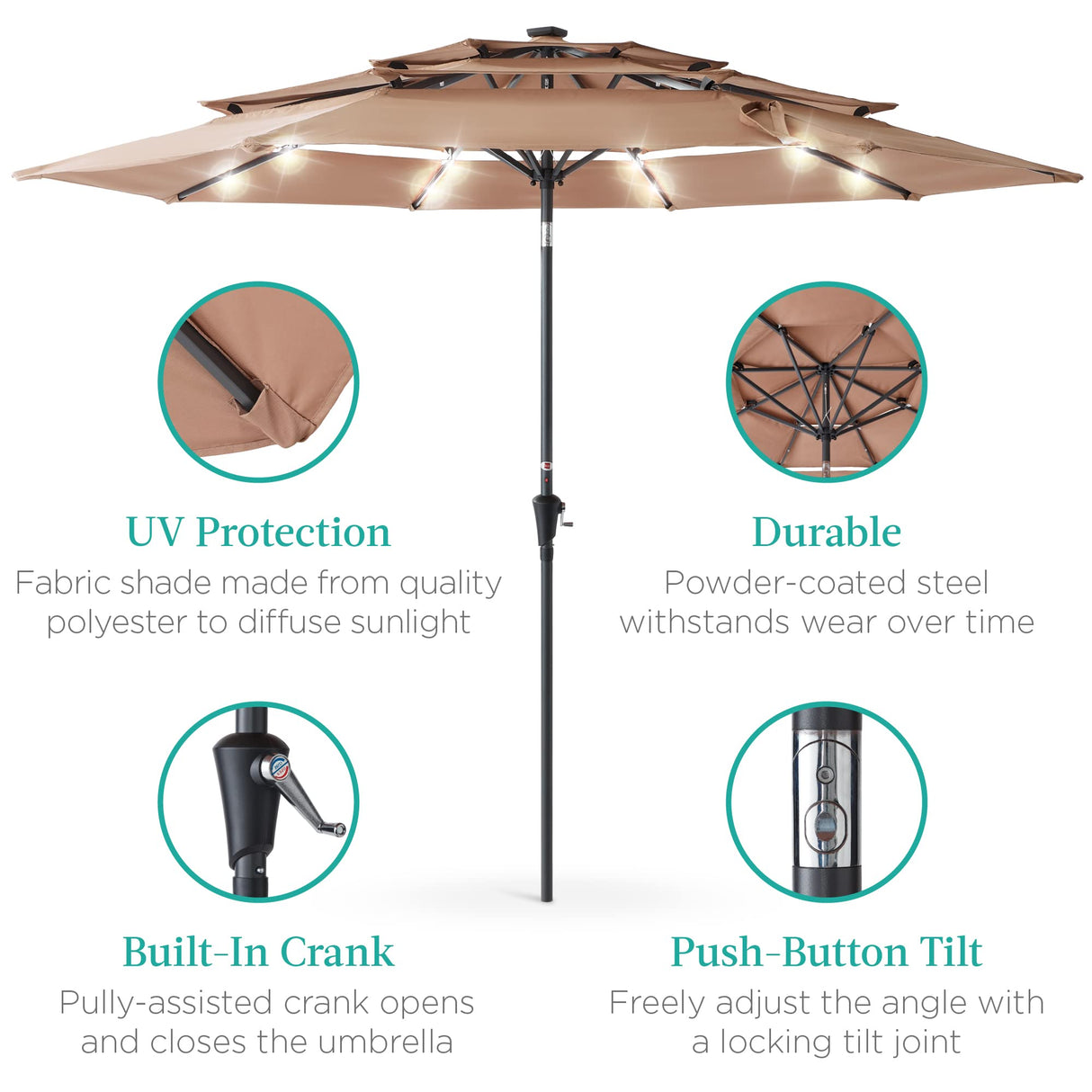 Best Choice Products 10ft 3-Tier Solar Patio Umbrella, Outdoor Market Sun Shade for Backyard, Deck, Poolside w/ 24 LED Lights, Tilt Adjustment, Easy Crank, 8 Ribs - Tan Best Choice Products