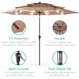 Best Choice Products 10ft 3-Tier Solar Patio Umbrella, Outdoor Market Sun Shade for Backyard, Deck, Poolside w/ 24 LED Lights, Tilt Adjustment, Easy Crank, 8 Ribs - Tan Best Choice Products
