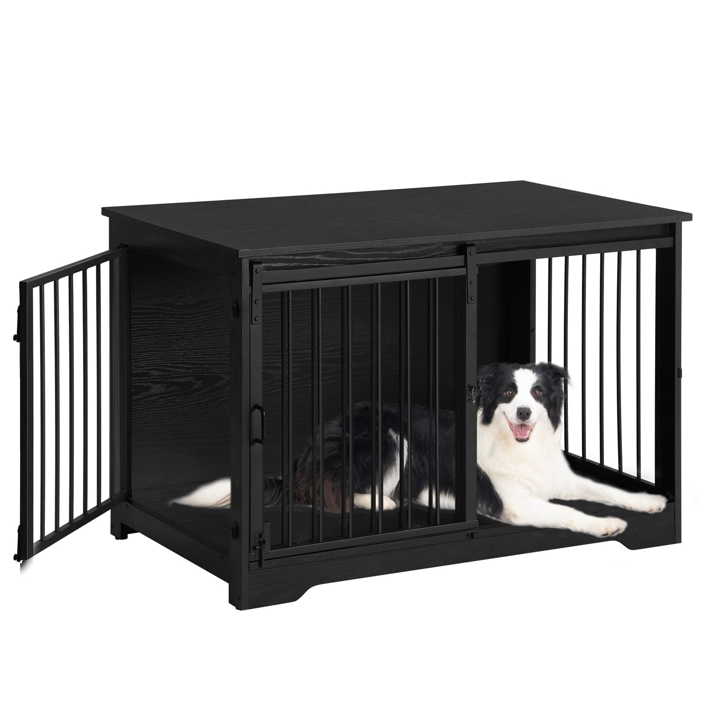 Hzuaneri Dog Crate Furniture, 39.4" Double Door Dog Crate with Barn Door, Dog Kennel Indoor, End Side Table Wooden Dog Crate for Small Medium Large Dog, Anti-Chew Anti-Escape, Black - WoodArtSupply