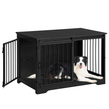 Hzuaneri 39.3" Dog Crate Furniture with Barn Door, Heavy Duty Dog Kennel Indoor with 2 Doors, Wooden Pet Cage End Table for Large Small Medium Dogs, Anti-Chew Anti-Escape, Black DFC02304B Hzuaneri