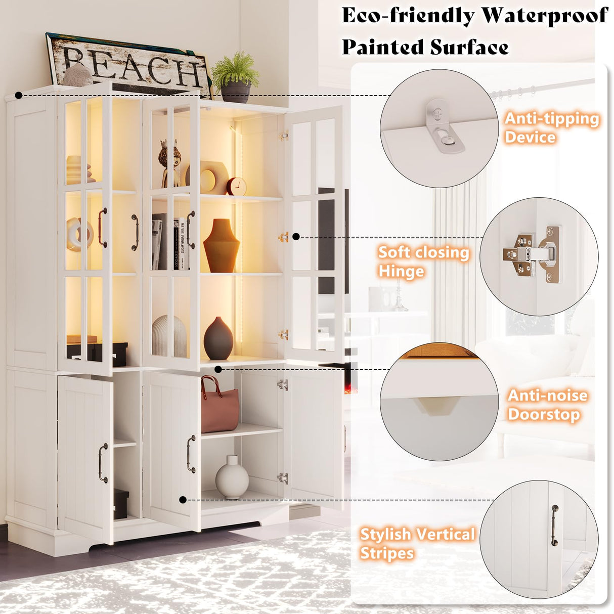 AMERLIFE 71" Tall Storage Cabinet with LED Lights, 5 Tier Large Modern Wood Kitchen Pantry with Acrylic Glass Doors & Shelves, Display Cabinet for Living room, Dining room, Bathroom, 6 Doors White AMERLIFE