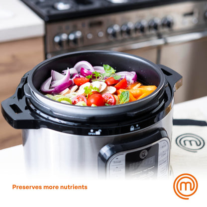 MasterChef Electric Pressure Cooker 10 in 1 Instapot Multicooker 6 Qt, Slow Cooker, Vegetable Steamer, Rice Maker, Digital Programmable Insta Pot with 18 Cooking Presets, Stainless Steel, Non Stick