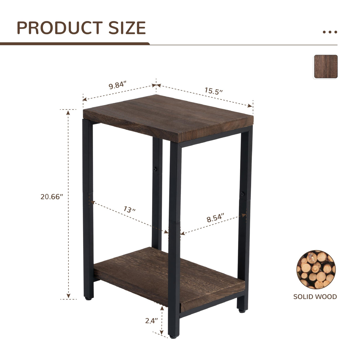 Acovy Real Solid Wood End Tables, Side Tables, Small Table with 2-Tier Storage Shelf, Nightstand for Living Room, Bedroom, Office, Bathroom, Rustic Acovy