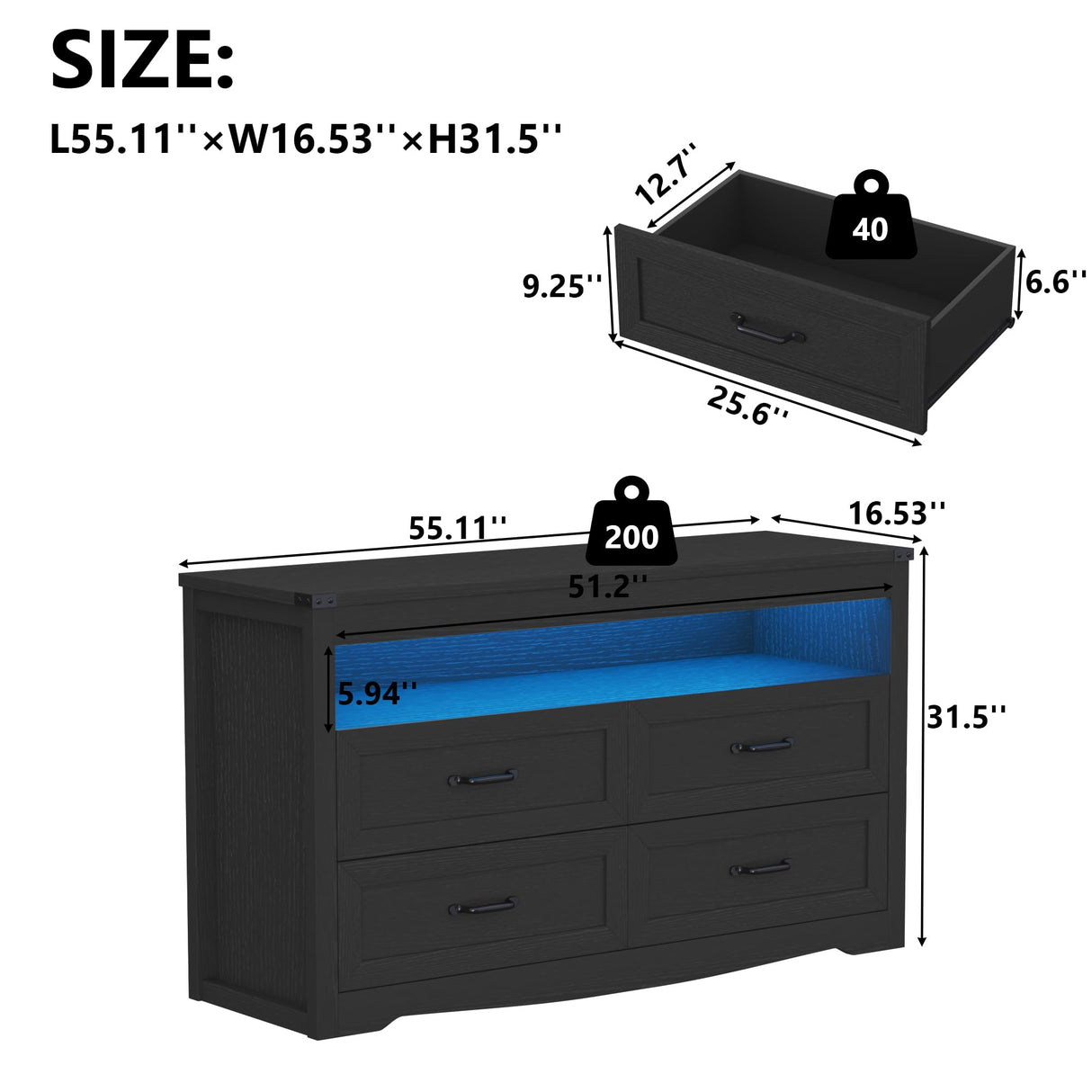 METOTI Black Dresser for Bedroom with 4 Drawers, Dresser and Chest of Drawers with LED Lights for Up to 60-inch TV, for Living Room, Entryway, Hallway(Black) METOTI