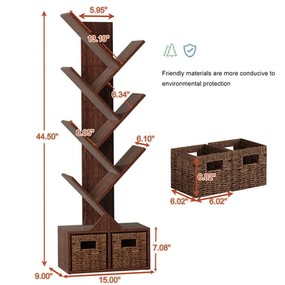 Vagusicc Tree Bookshelf, 6 Tier Bookshelf with Storage, Tall Narrow Bookcase, Rustic Wood Book Storage Rack for CDs/Books, Small Book Organizer Shelves for Bedroom Living Room, Home Office, Brown