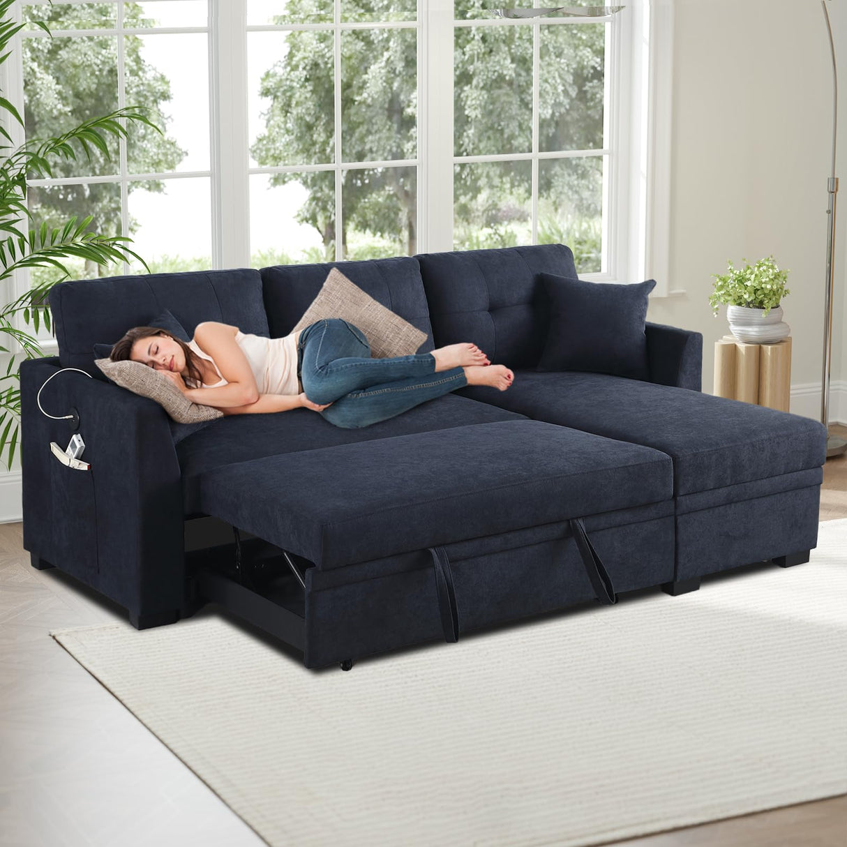 Yafylly L-Shaped Sofa with Storage and Pull-Out Bed, Convertible Futon Chaise Lounge with Ports, Recliner for Living Room, Bedroom, Apartment, Office, Dark Blue Yafylly