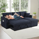 Yafylly L-Shaped Sofa with Storage and Pull-Out Bed, Convertible Futon Chaise Lounge with Ports, Recliner for Living Room, Bedroom, Apartment, Office, Dark Blue Yafylly