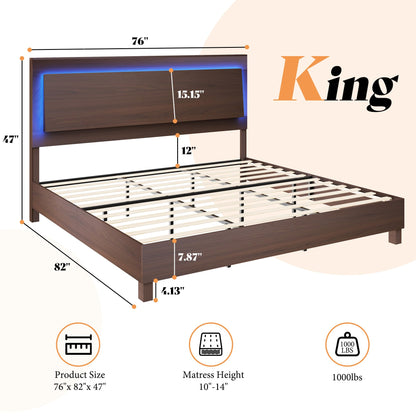 Rustic AMERLIFE Wood King Bed Frame with LED Headboard and Slats Support in Red Brown - WoodArtSupply