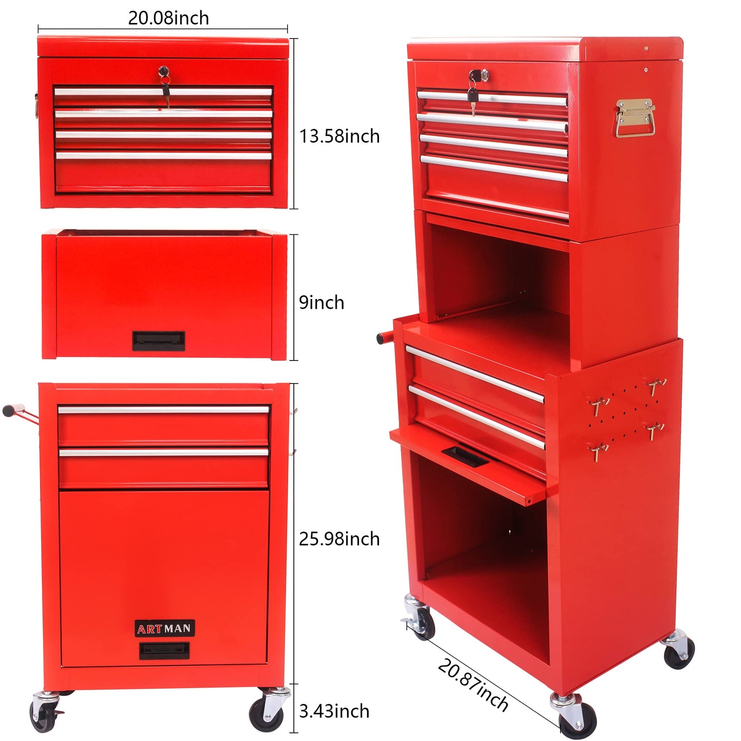 6 Drawer Rolling Tool Chest,Red Large Tall Tool Box with Wheels,Lockable Stand up Toolbox,Metal Garage Tool Cabinets Organizer,Rolling Tool Cart for Workshop - WoodArtSupply