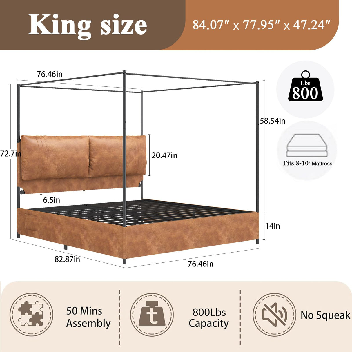 Modern Canopy Bed Frame with Upholstered Faux Leather Headboard – Tall Four Poster Metal Platform Bed, No Box Spring Needed, King Size, Brown and Black SAMTRA