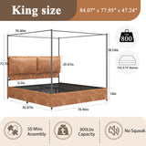 Modern Canopy Bed Frame with Upholstered Faux Leather Headboard – Tall Four Poster Metal Platform Bed, No Box Spring Needed, King Size, Brown and Black SAMTRA