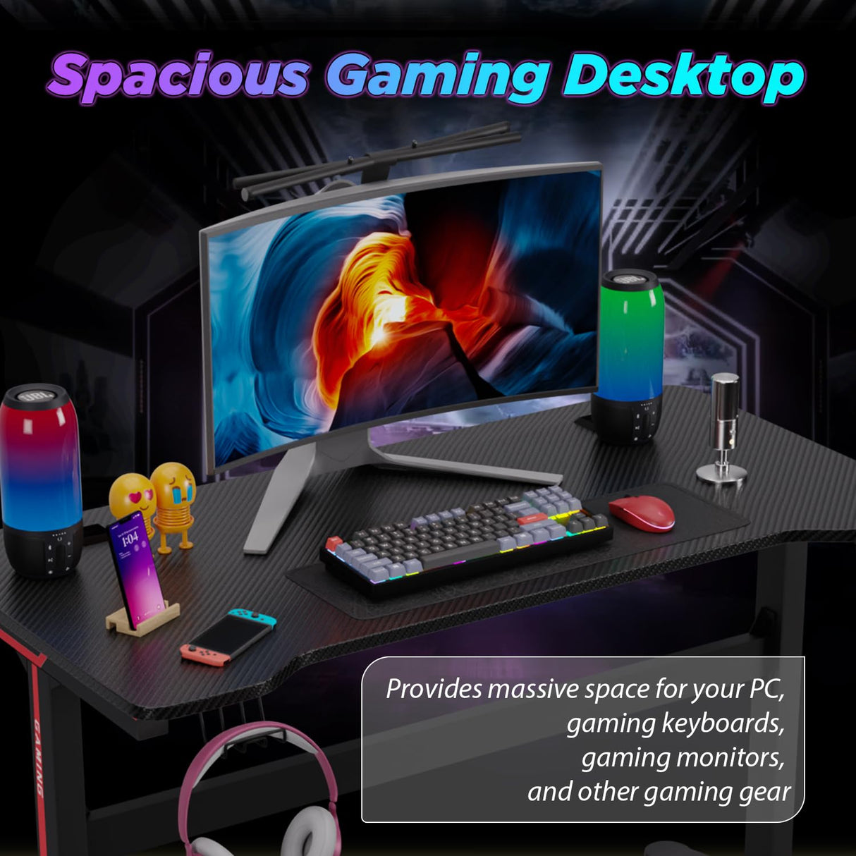 FDW 47 Inch Computer Desk Gaming Desk Writing Desk Office Desk Student PC Desk Extra Large Modern Ergonomic Racing Style Table Workstation for Adult Teens,Black FDW