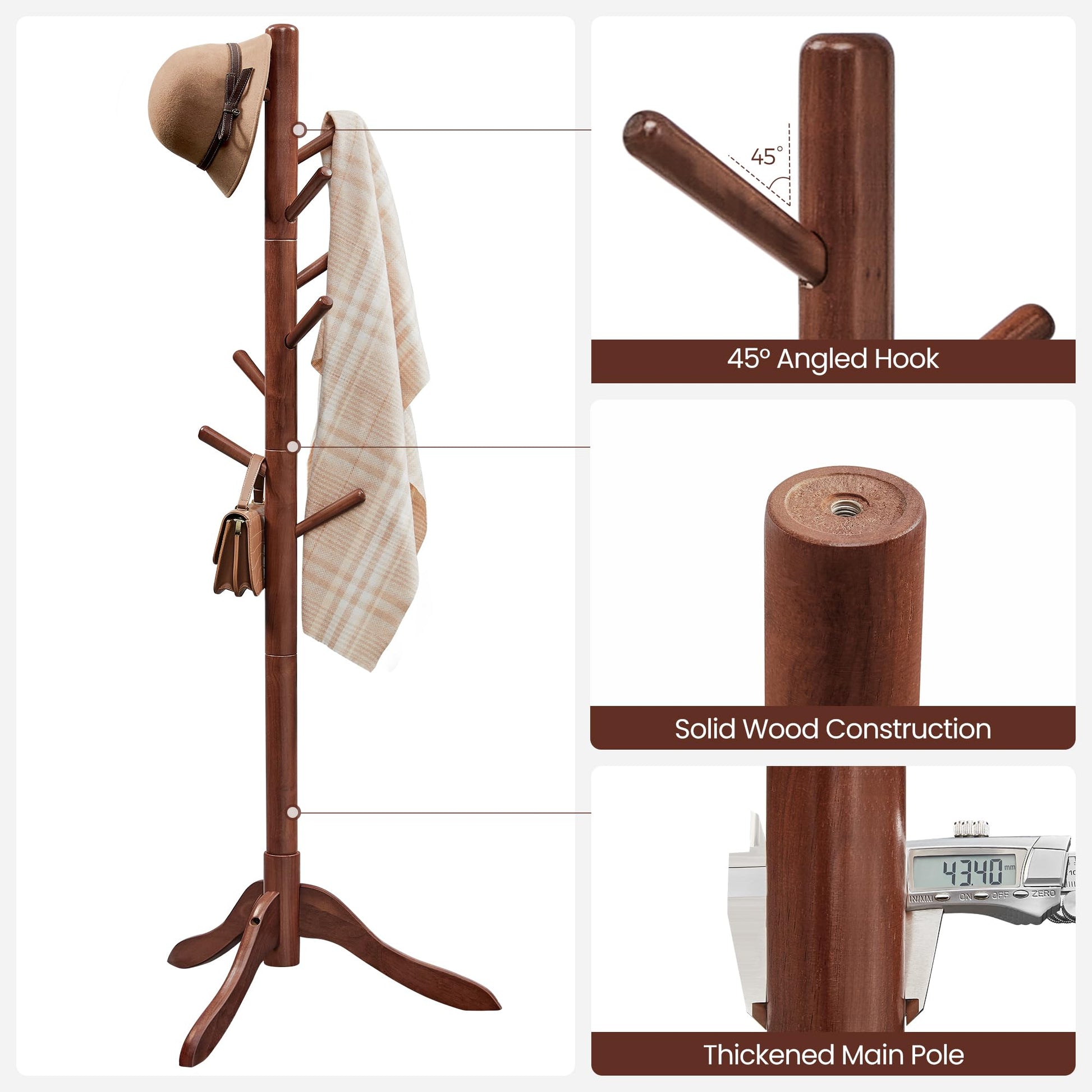 VASAGLE Solid Wood Coat Rack, Free Standing Coat Rack, Tree-Shaped Coat Rack with 8 Hooks, 3 Height Options, for Clothes, Hats, Bags, for Living Room, Bedroom, Home Office, Dark Walnut URCR01 - WoodArtSupply