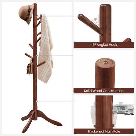 VASAGLE Solid Wood Coat Rack, Free Standing Coat Rack, Tree-Shaped Coat Rack with 8 Hooks, 3 Height Options, for Clothes, Hats, Bags, for Living Room, Bedroom, Home Office, Dark Walnut URCR01WN VASAGLE