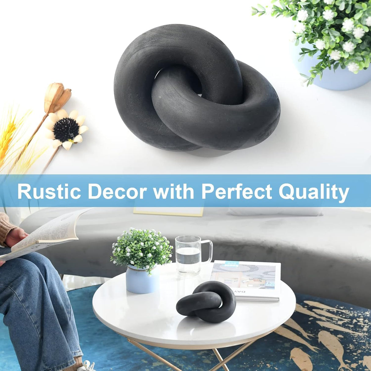 YiLiiod Wooden Knot for Coffee Table Decor Shelf Decor Boho Home Decor Statues, Modern Farmhouse Bookshelf Decorative Objects Wood Chain Link for Living Room- Black YiLiiod