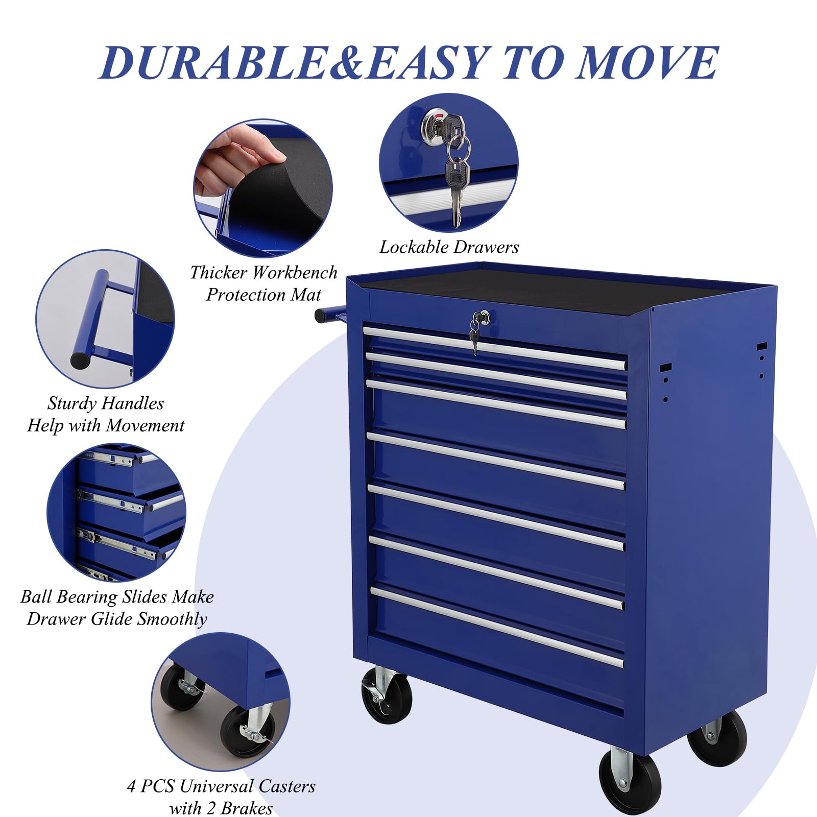 Tool Cart With Drawers,7 Drawers Locking Rolling Tool Chest with Wheels,Mechanic Tool Cabinets for Garage,Large Blue Tool Box for Warehouse,Repair Shop - WoodArtSupply