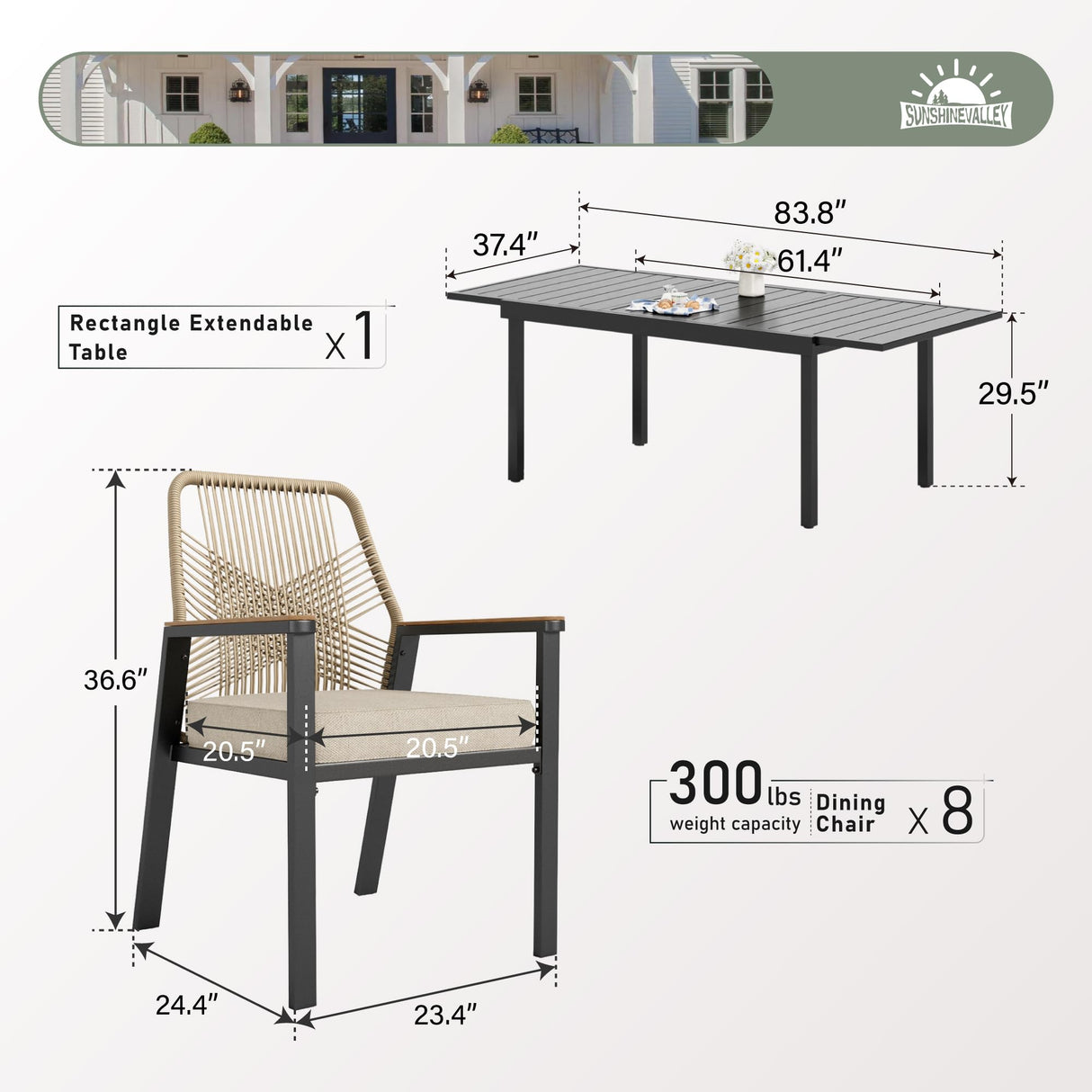 SUNSHINE VALLEY 9 Pieces Patio Dining Set, 8 x Woven Rattan Chairs with Waterproof Cushion, 84" Extendable Rectangular Dining Table, Outdoor Table and Chairs Set for Backyard Lawn and Deck, Beige SUNSHINE VALLEY