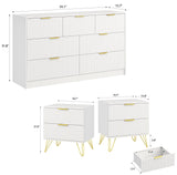 Sscaktu 7 Drawer Dresser and Nightstand Sets for Bedroom, 3 Pcs Bedroom Set，Night Stand Set of 2 & 7 Drawer Dresser with Gold Handles, Modern Wood Chest of Drawers Storage Cabinet Set, White Sscaktu